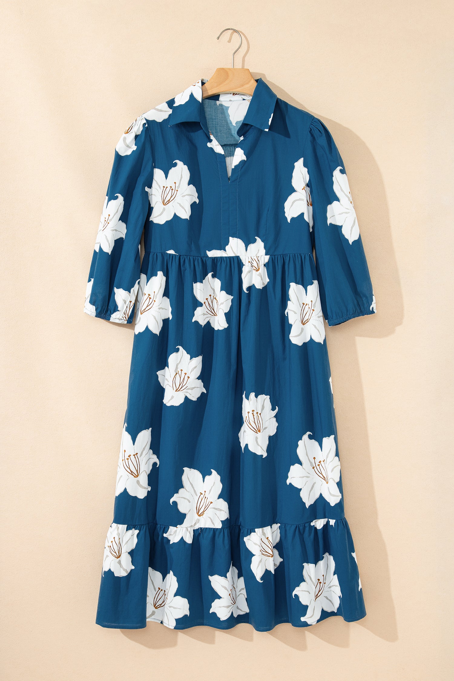 Blue Floral Print Shirt Collar V Neck 3/4 Sleeve Shift Midi Dress-TOPS / DRESSES-[Adult]-[Female]-2022 Online Blue Zone Planet