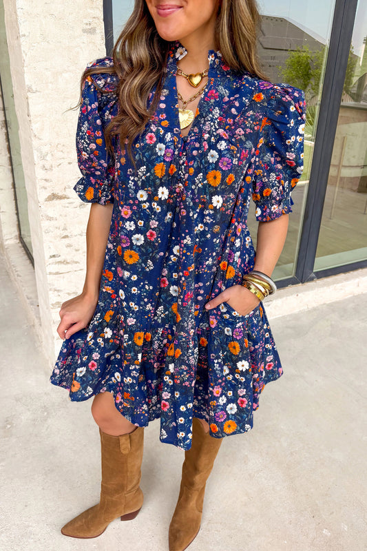 Blue Wild Daisy Floral Split Neck Short Puff Sleeve Mini Dress-TOPS / DRESSES-[Adult]-[Female]-Blue-L-2022 Online Blue Zone Planet
