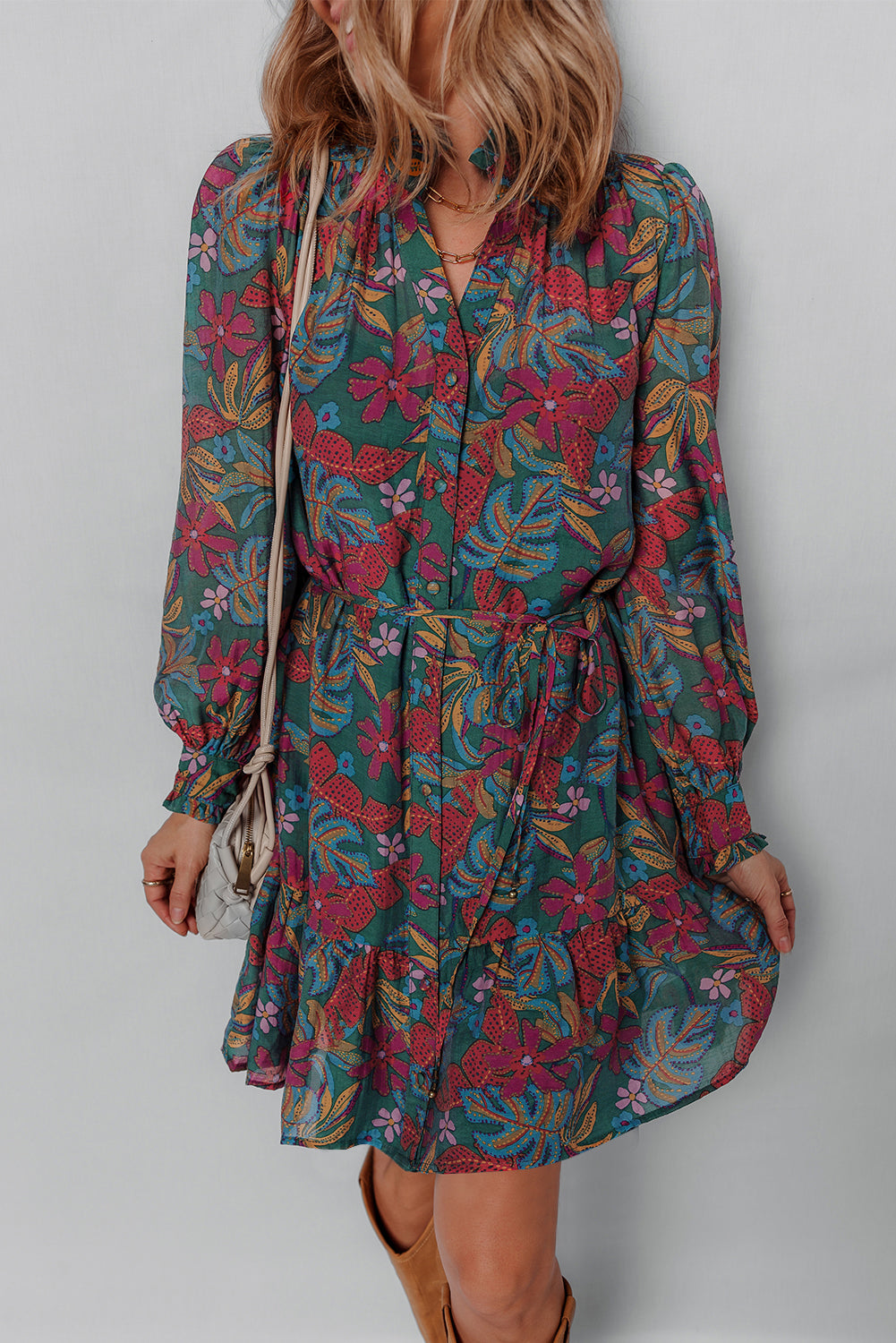 Green Floral Friled V Neck Puff Sleeve Ruffled Shirt Dress-TOPS / DRESSES-[Adult]-[Female]-2022 Online Blue Zone Planet