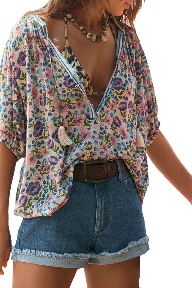 Multicolour Boho Floral Tassel Tie V Neck Blouse-Blouses-[Adult]-[Female]-2022 Online Blue Zone Planet