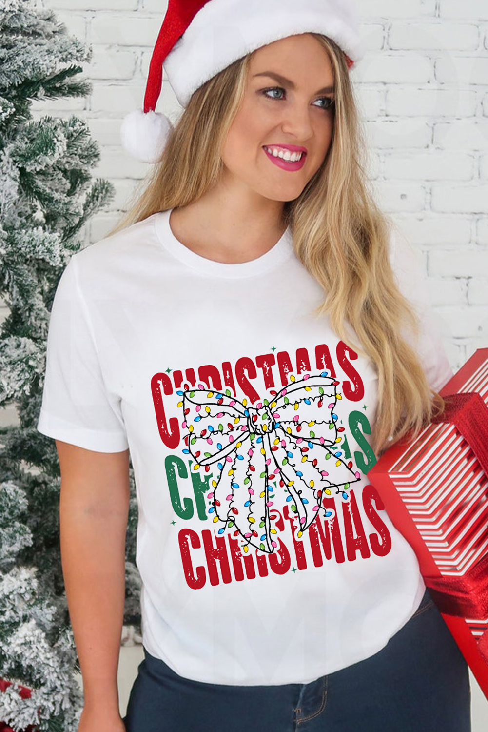 White Christmas Bowknot Graphic Tee-Graphic Tees-[Adult]-[Female]-2022 Online Blue Zone Planet