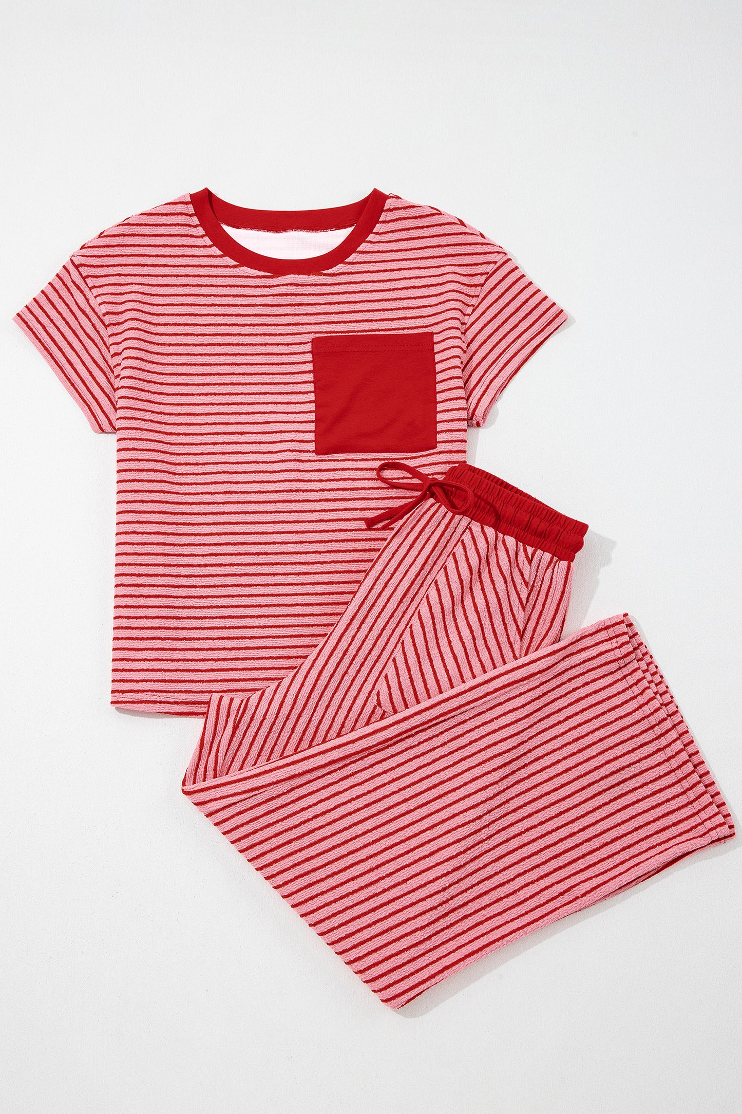 Sky Blue Stripe Crew Neck Tee Drawstring Waist Cropped Pants Set-Two Piece Sets/Pant Sets-[Adult]-[Female]-2022 Online Blue Zone Planet