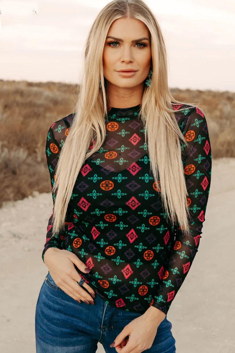Black Western Aztec Printed Long Sleeve Mesh Top-Tops/Long Sleeve Tops-[Adult]-[Female]-2022 Online Blue Zone Planet