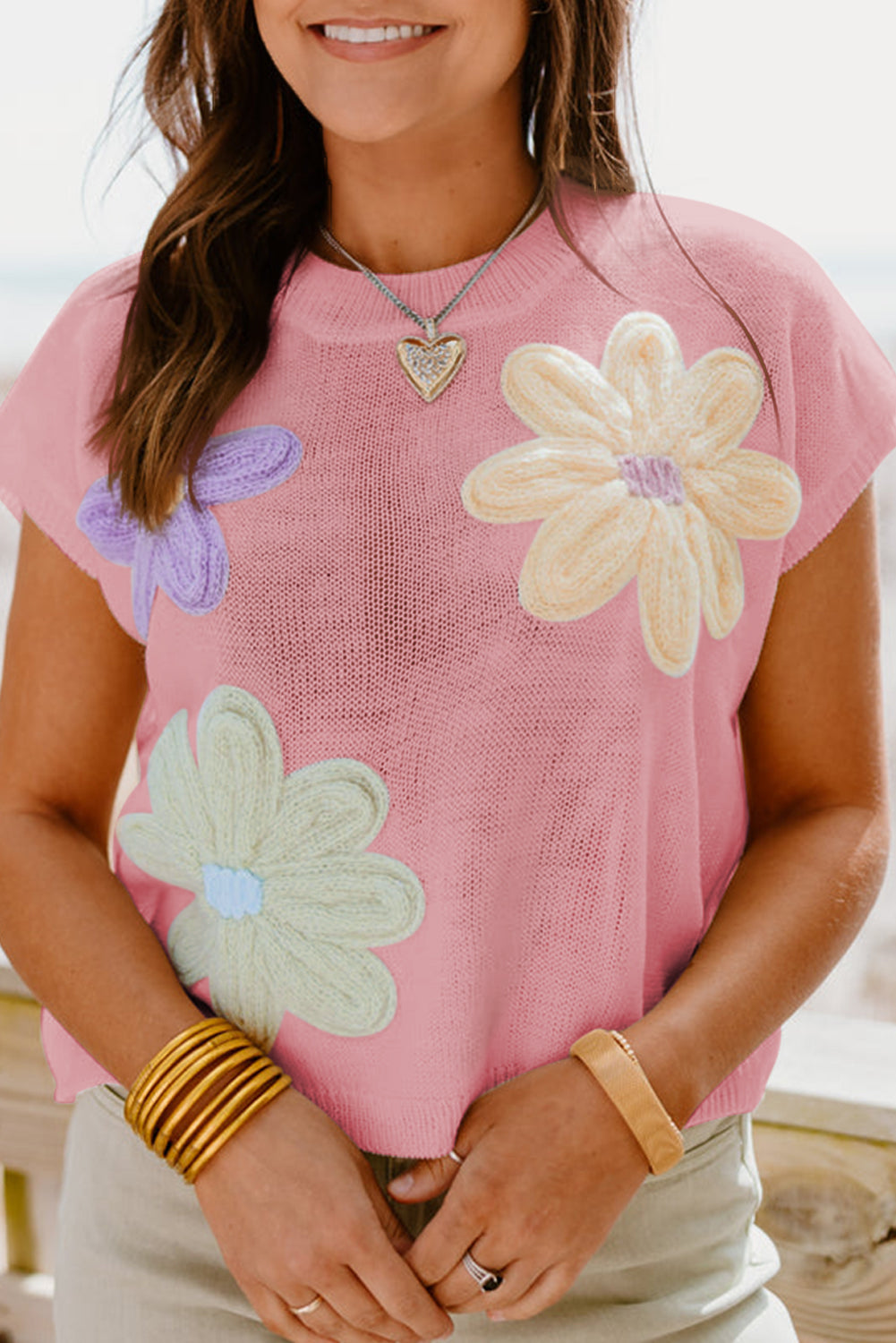 White Flower Patch Knit Round Neck Tee-T Shirts-[Adult]-[Female]-Pink-L-2022 Online Blue Zone Planet