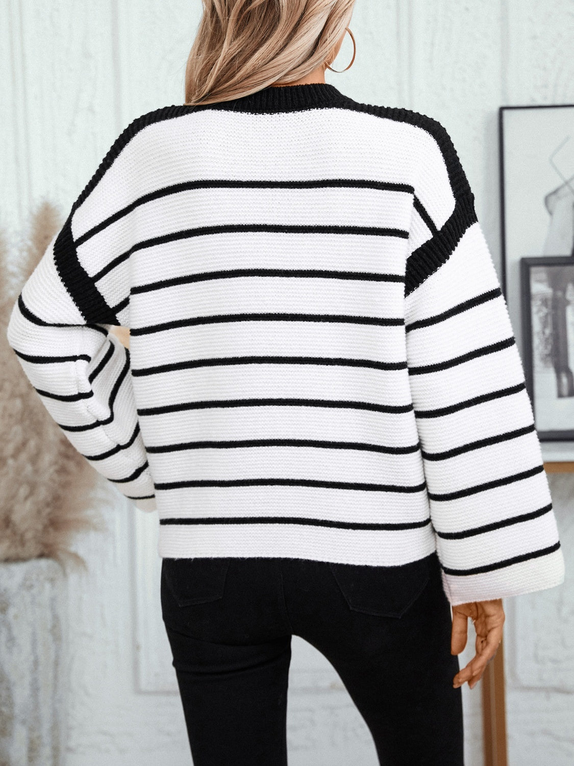 Blue Zone Planet | Striped Round Neck Long Sleeve Sweater-TOPS / DRESSES-[Adult]-[Female]-2022 Online Blue Zone Planet