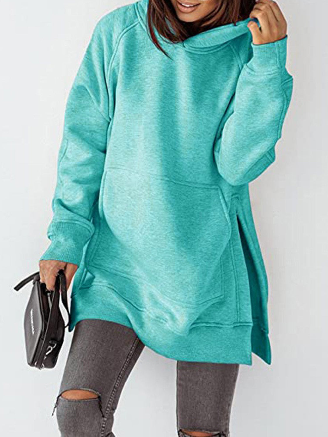 Slit Pocketed Raglan Sleeve Hoodie-HOODIES-[Adult]-[Female]-2022 Online Blue Zone Planet