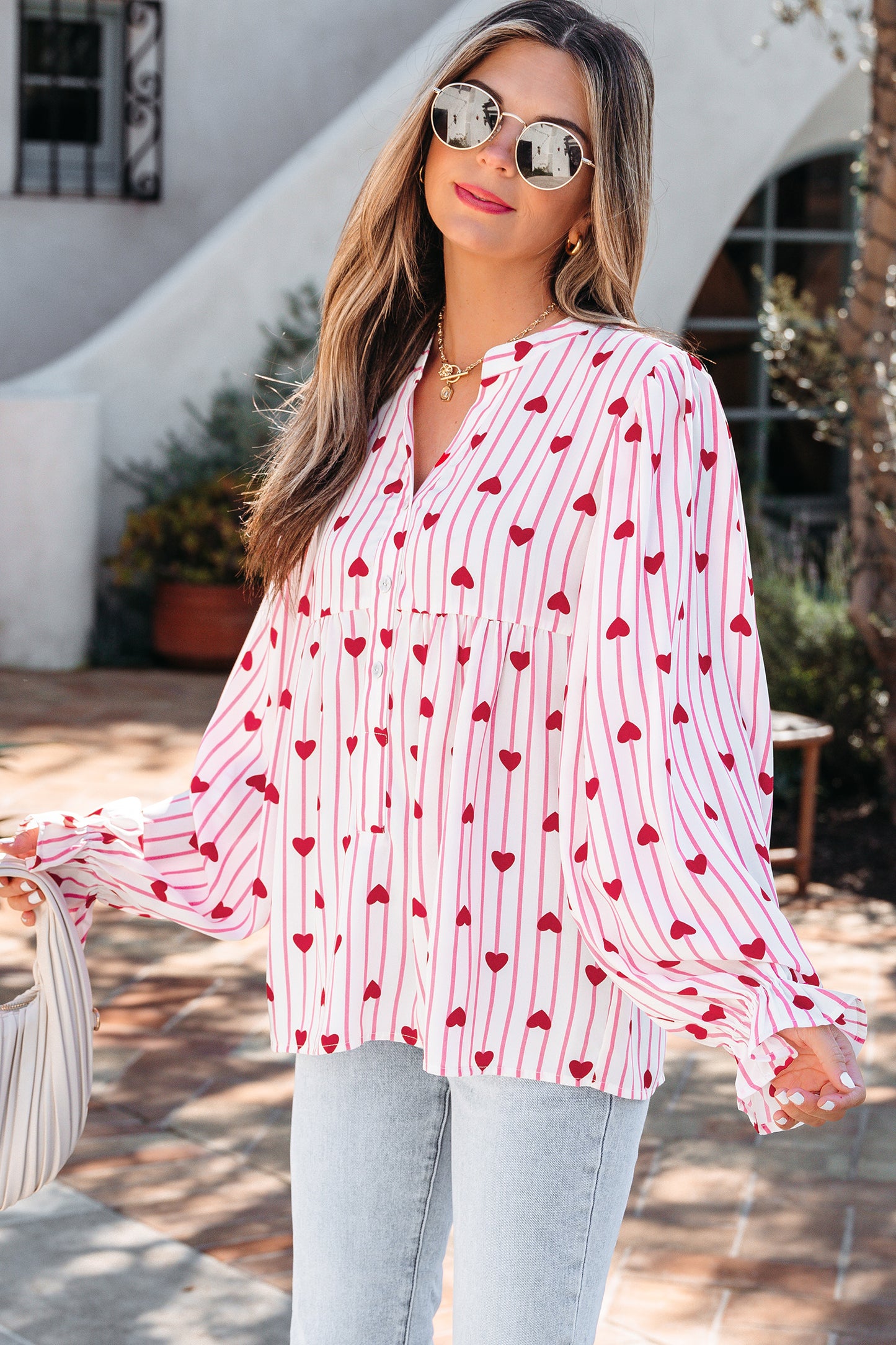 Pink Stripe Textured Heart Print Long Flounce Sleeve Shirt