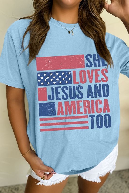 Light Blue SHE LOVES JESUS AND AMERICA TOO Flag Graphic T Shirt-Graphic/Graphic Tees-[Adult]-[Female]-Light Blue-S-2022 Online Blue Zone Planet