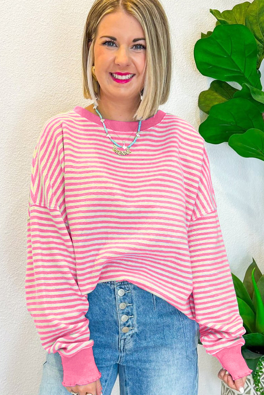 Blue Zone Planet | Green Stripe Drop Shoulder Long Sleeve Top-Long Sleeve Tops-[Adult]-[Female]-2022 Online Blue Zone Planet