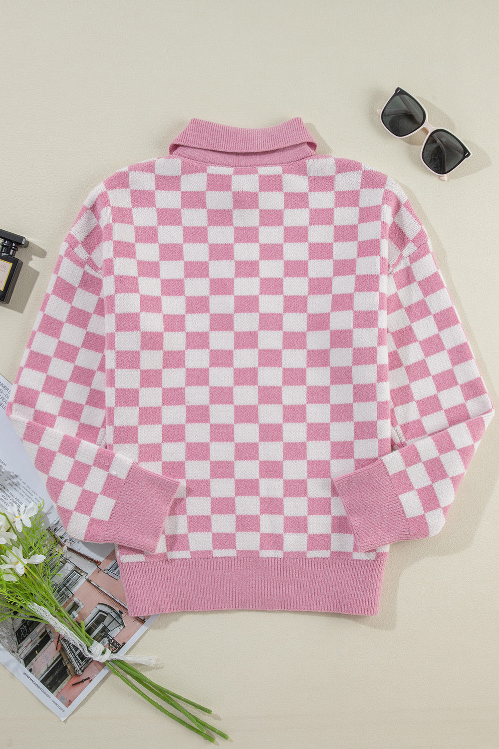 Checkered Collared Neck Dropped Shoulder Sweater-TOPS / DRESSES-[Adult]-[Female]-2022 Online Blue Zone Planet