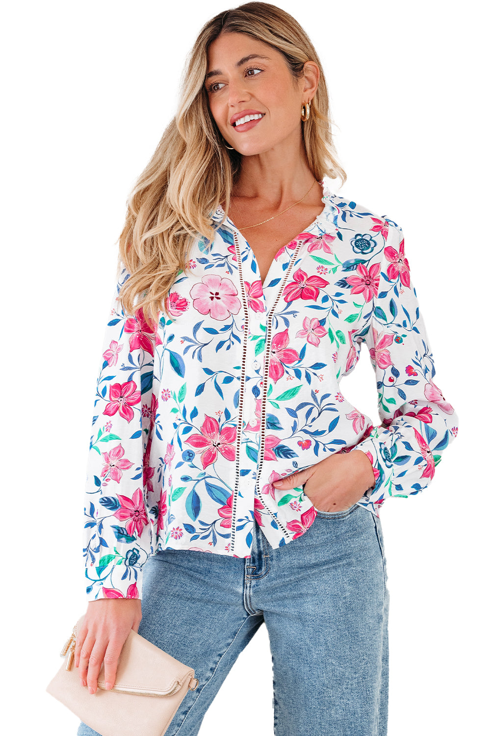 Pink Floral Print Lace Detail Button-Up Long Sleeve Shirt-Tops/Blouses & Shirts-[Adult]-[Female]-2022 Online Blue Zone Planet