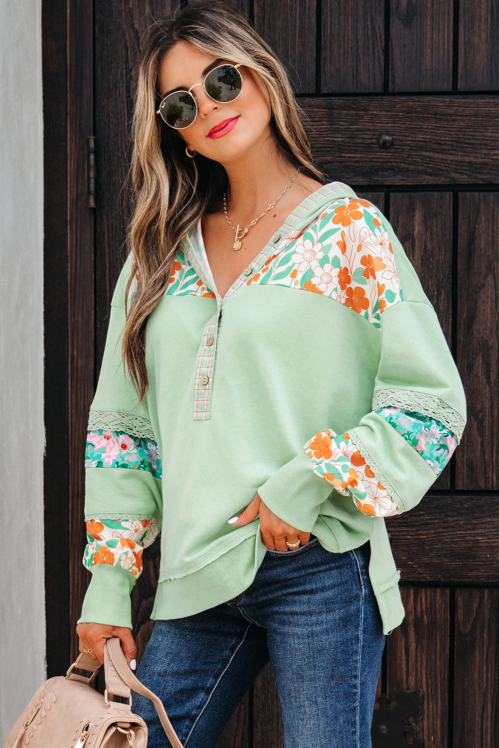 Clearly Aqua Lace Floral Patchwork Half Button Hooded Pullover-Tops / Dresses-[Adult]-[Female]-2022 Online Blue Zone Planet