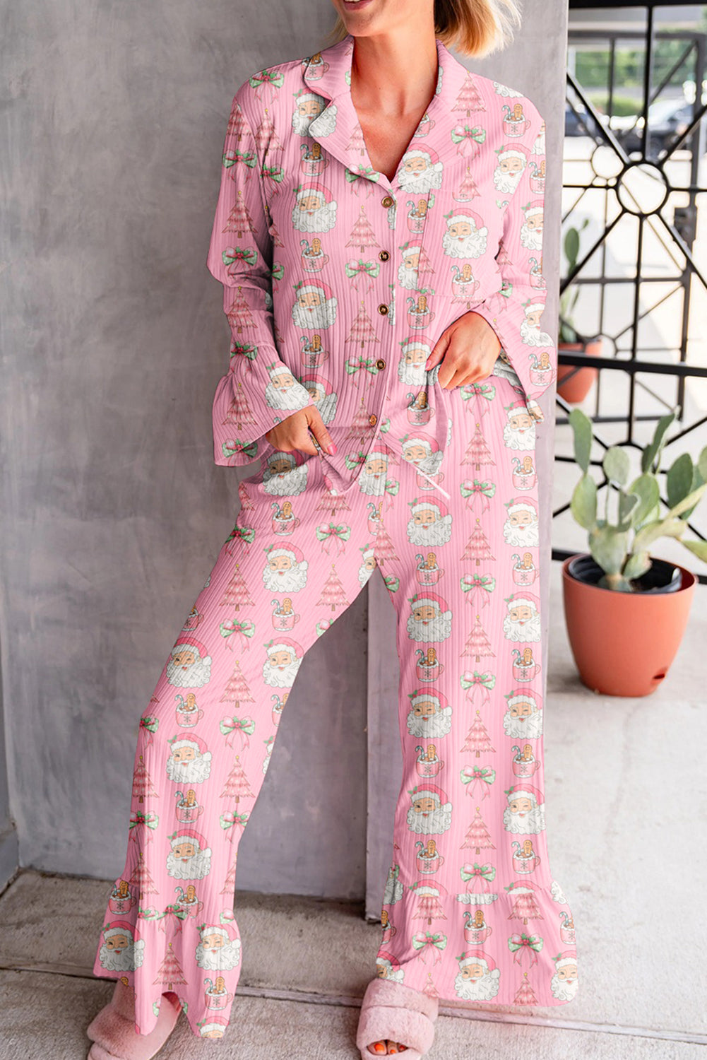 Pink Christmas Print Ruffle Ribbed Shirt and Pants Pajama Set-Loungewear Set-[Adult]-[Female]-Pink-L-2022 Online Blue Zone Planet