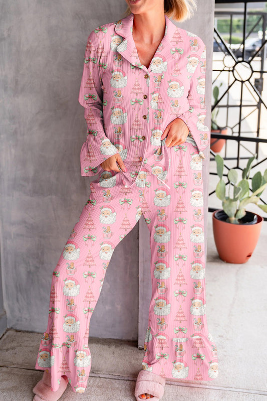 Pink Christmas Print Ruffle Ribbed Shirt and Pants Pajama Set-Loungewear Set-[Adult]-[Female]-Pink-L-2022 Online Blue Zone Planet