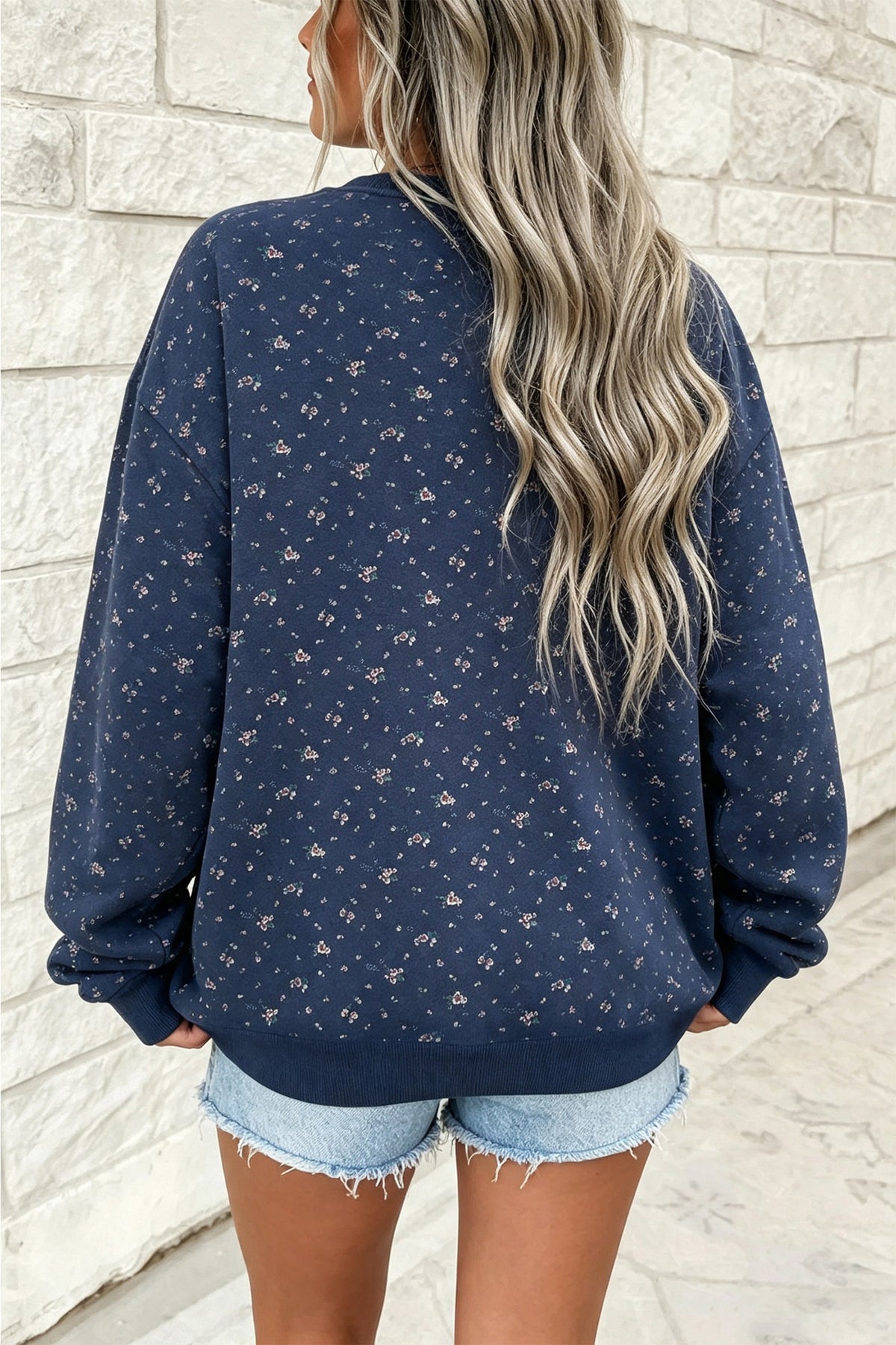 Dirty blue Floral Print Round Neck Dropped Shoulder Casual Pullover Sweatshirt-Tops/Sweatshirts & Hoodies-[Adult]-[Female]-2022 Online Blue Zone Planet