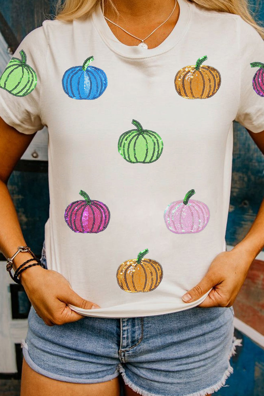 White Sequin Pumpkin Patched Cotton Blend T Shirt-Graphic/Graphic Tees-[Adult]-[Female]-2022 Online Blue Zone Planet