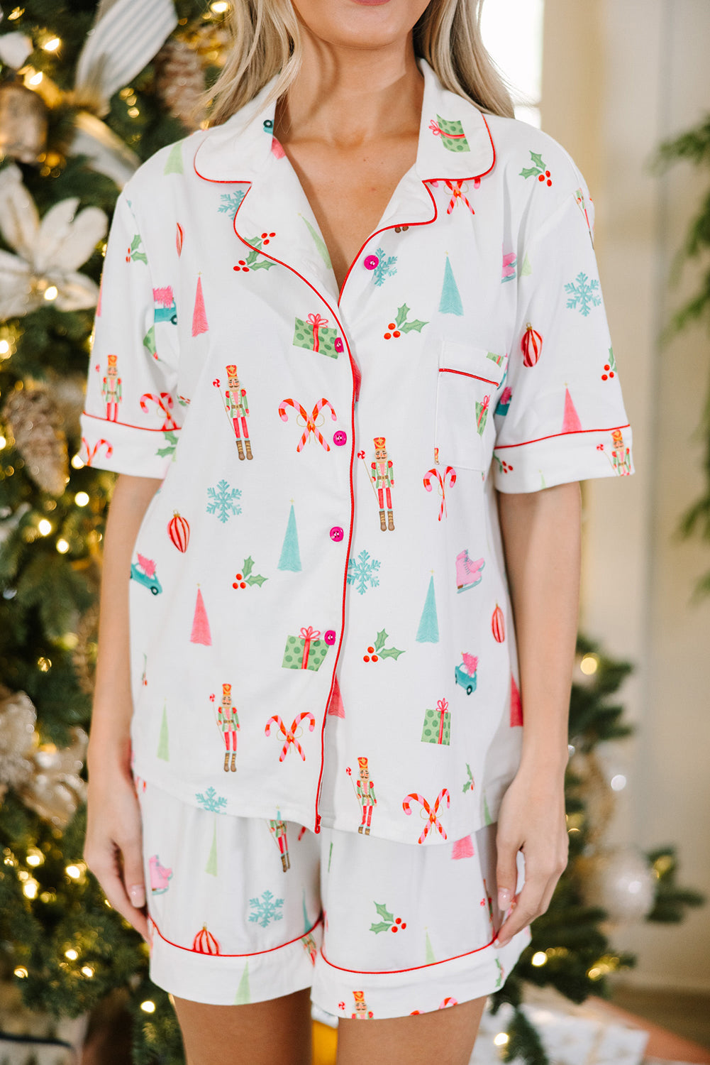 White Christmas Print Short Sleeve Shirt and Shorts Pajama Set-Loungewear & Sleepwear/Sleepwear-[Adult]-[Female]-2022 Online Blue Zone Planet