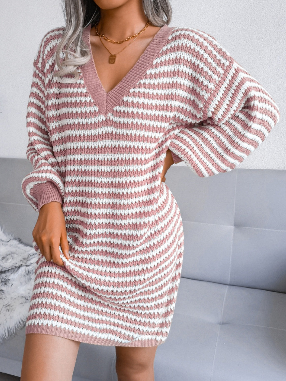 Blue Zone Planet | Striped V-Neck Long Sleeve Mini Sweater Dress-TOPS / DRESSES-[Adult]-[Female]-2022 Online Blue Zone Planet