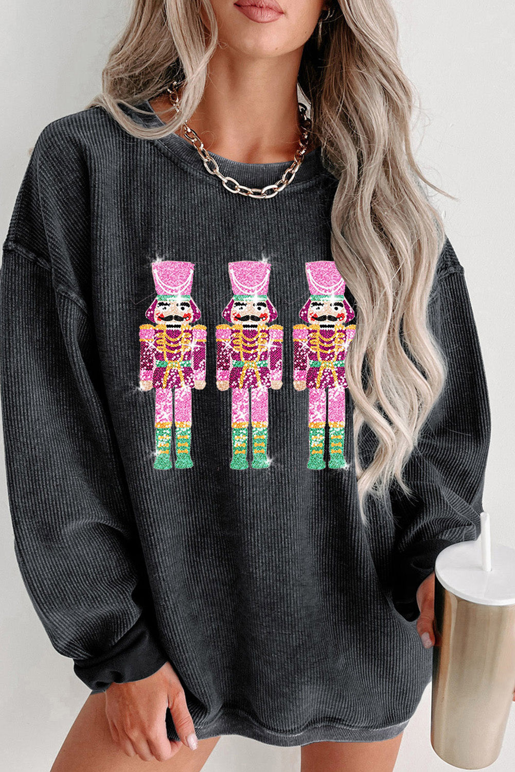 Black Christmas Sequined Nutcrackers Mineral Wash Corded Sweatshirt-Graphic/Graphic Sweatshirts-[Adult]-[Female]-Black-S-2022 Online Blue Zone Planet