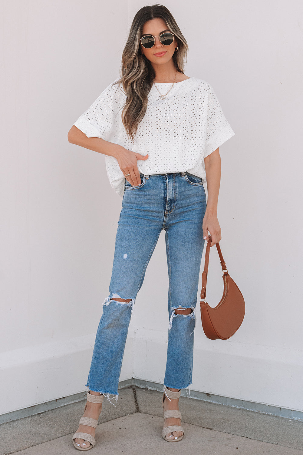 White Eyelet Pattern Boat Neck Casual Tee-Tops/Tops & Tees-[Adult]-[Female]-2022 Online Blue Zone Planet