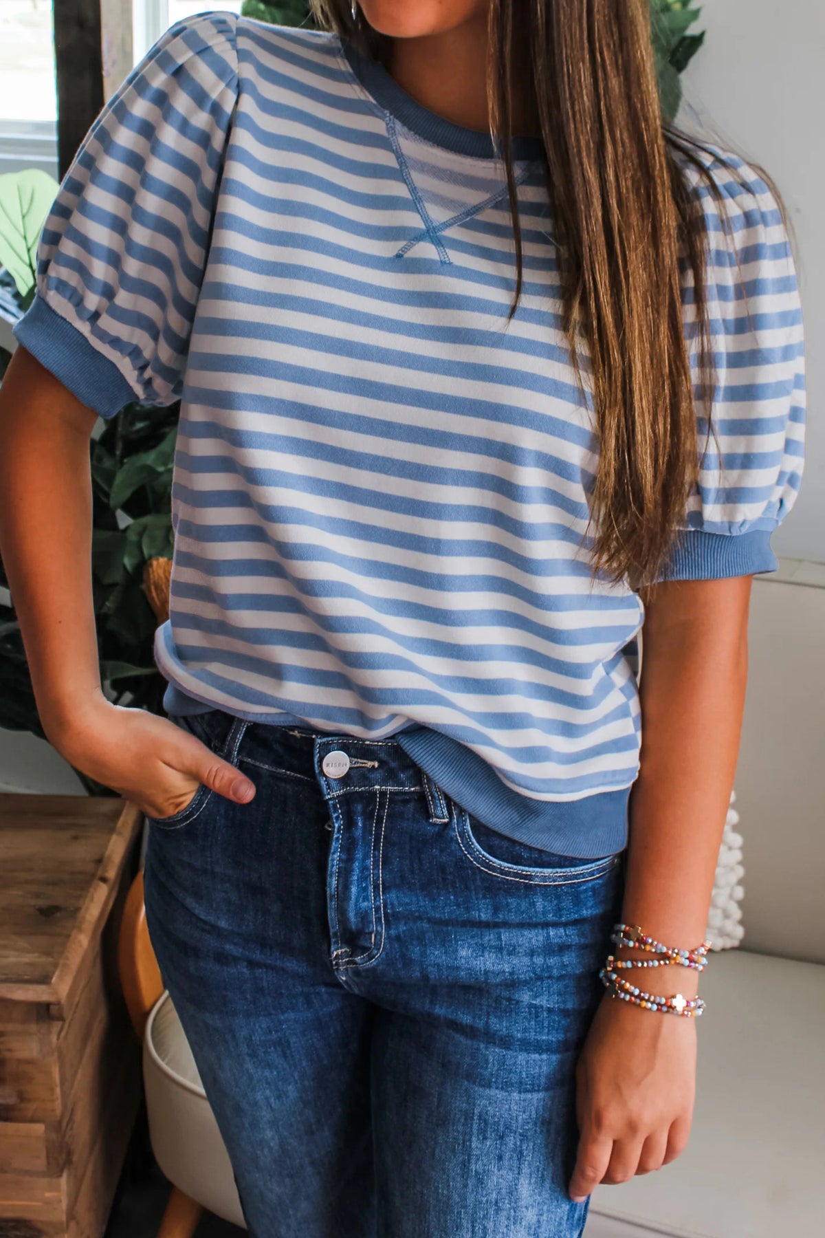 Orange Stripe Short Bubble Sleeve T Shirt-Tops/Tops & Tees-[Adult]-[Female]-2022 Online Blue Zone Planet