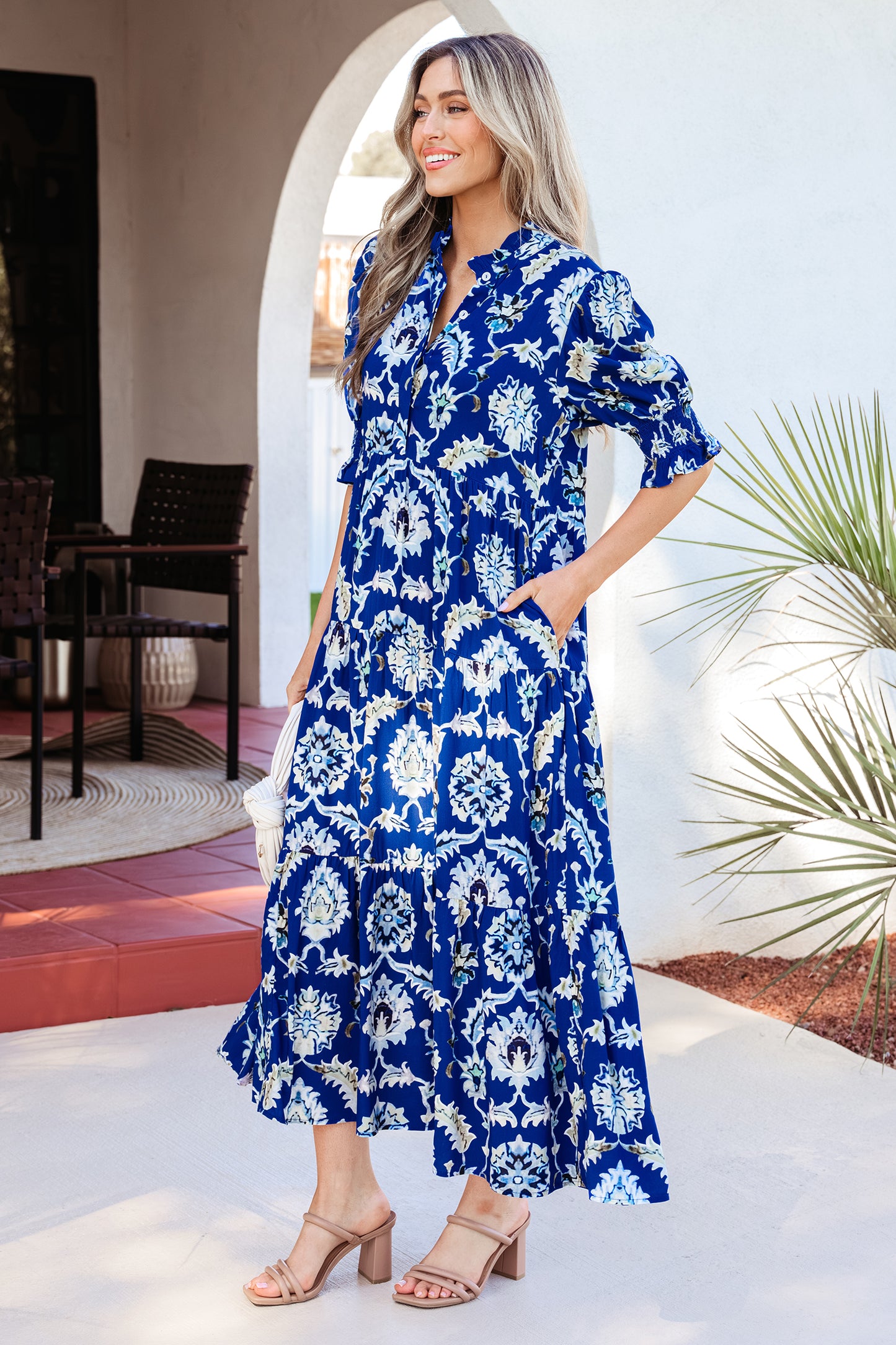 Blue Wild Floral Print Frilled Collar Half Sleeve Long Dress-TOPS / DRESSES-[Adult]-[Female]-2022 Online Blue Zone Planet