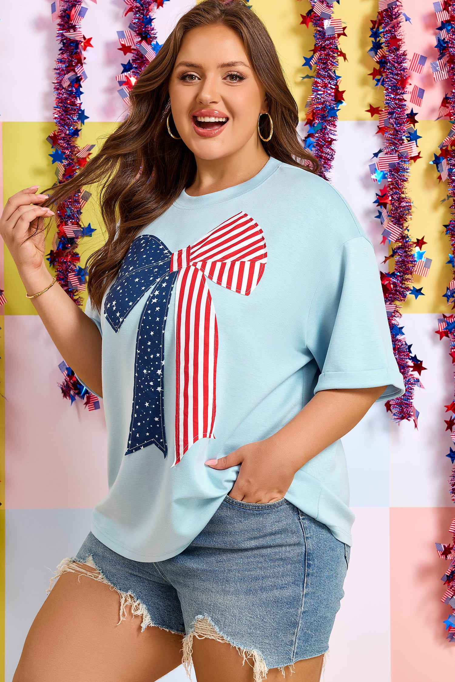 Beau Blue Plus Size Patriotic Bow Patchwork Graphic T-Shirt-Plus Size/Plus Size Tops/Plus Size Tops & Tees-[Adult]-[Female]-2022 Online Blue Zone Planet