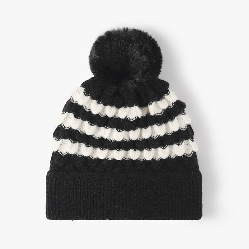 Striped Contrast Knit Hat with Pom-pom-HATS-[Adult]-[Female]-Black-One Size-2022 Online Blue Zone Planet