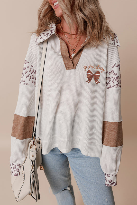 White game day Rugby Bow Embroidered Graphic Leopard Collar Color Block Patchwork Top-Graphic/Graphic Long Sleeve Tees-[Adult]-[Female]-White-S-2022 Online Blue Zone Planet