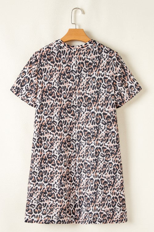 Leopard Round Neck Short Sleeve Mini Dress-TOPS / DRESSES-[Adult]-[Female]-2022 Online Blue Zone Planet