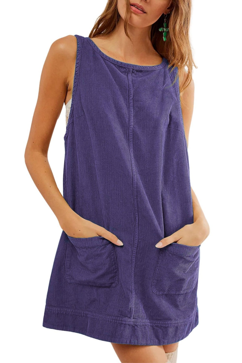 Round Neck Wide Strap Corduroy Mini Dress-TOPS / DRESSES-[Adult]-[Female]-2022 Online Blue Zone Planet