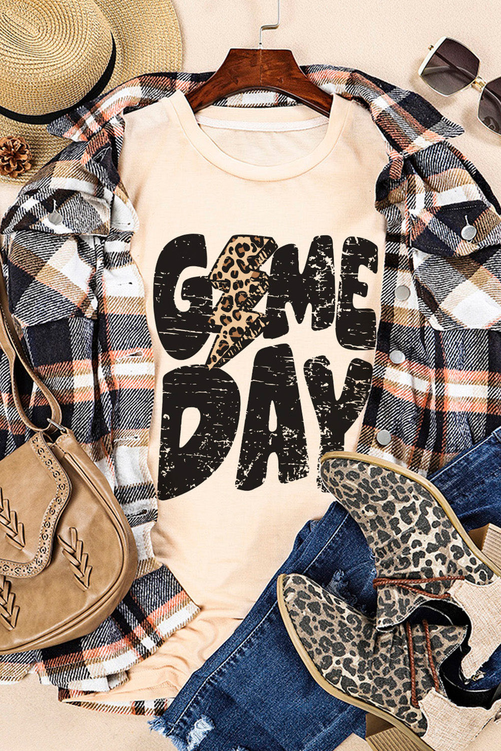 Khaki Game Day Rugby Football Season Leopard Lightning T Shirt-Graphic/Graphic Tees-[Adult]-[Female]-2022 Online Blue Zone Planet