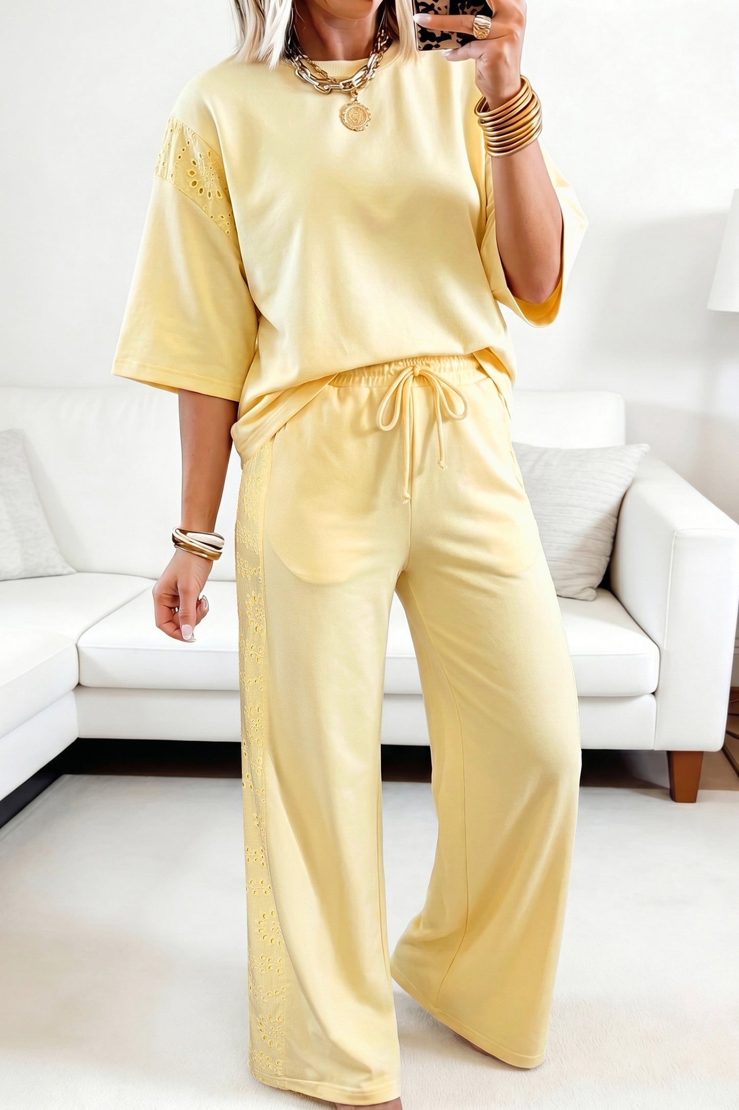 Light Green Lace Patchwork Half Sleeve Top Elastic Waist Pants Two Piece Set-Two Piece Sets/Pant Sets-[Adult]-[Female]-Yellow Cream-S-2022 Online Blue Zone Planet