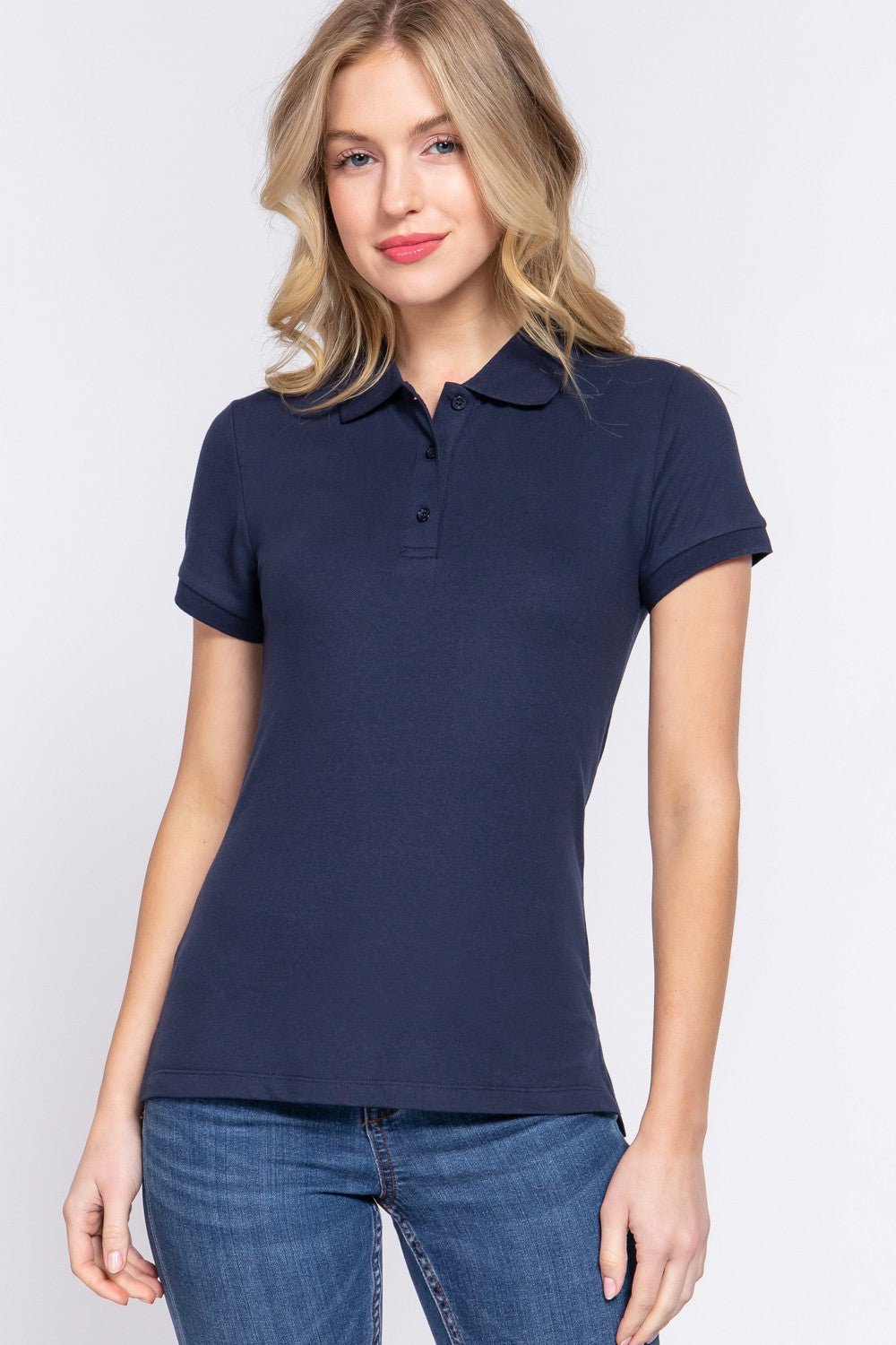 ACTIVE BASIC Full Size Classic Short Sleeve Polo Top-TOPS / DRESSES-[Adult]-[Female]-NAVY-S-2022 Online Blue Zone Planet