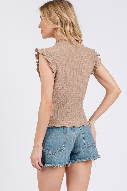 Ces Femme Texture Mock Neck Ruffle Cap Sleeve Blouse-TOPS / DRESSES-[Adult]-[Female]-2022 Online Blue Zone Planet