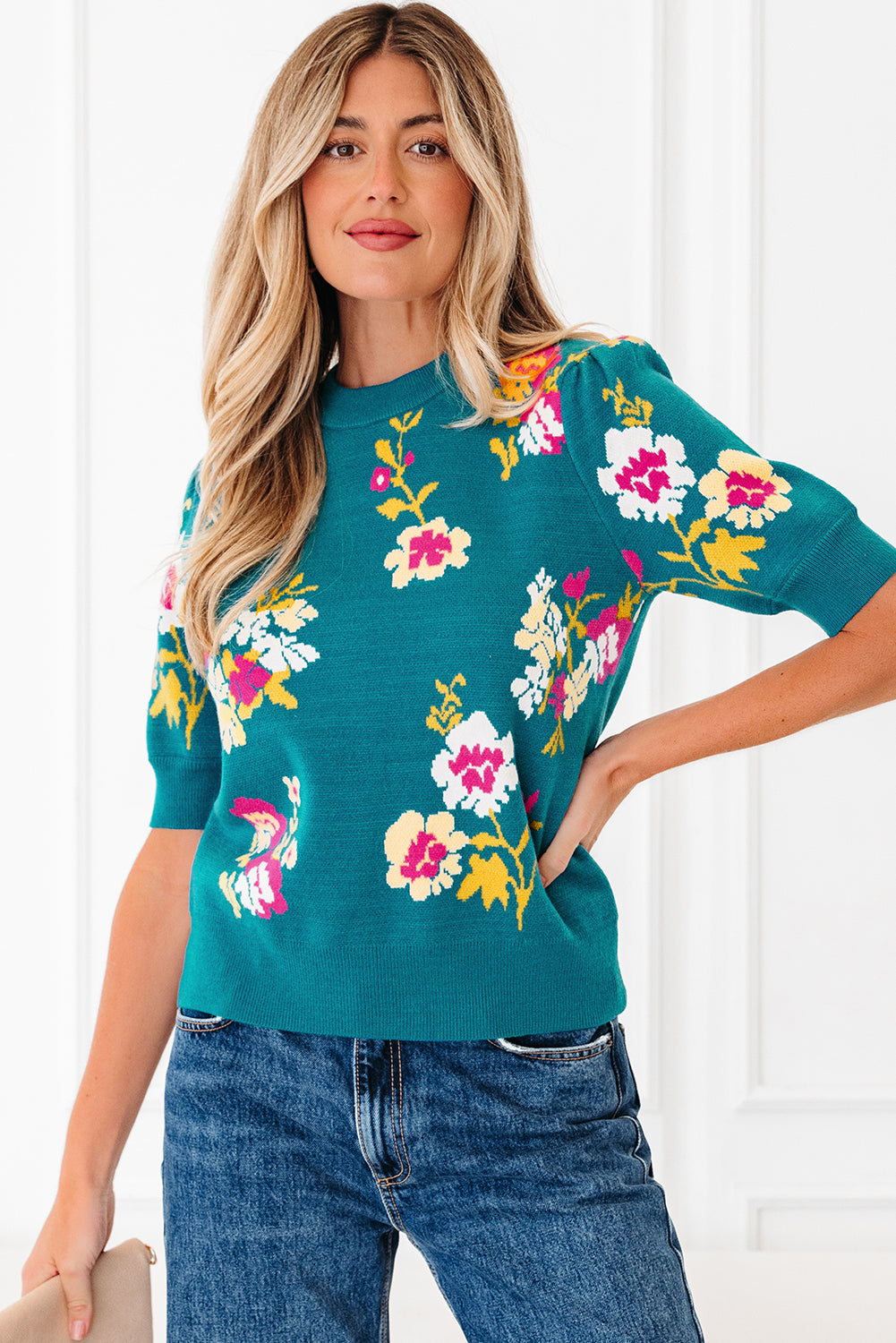 Blue Flower Pattern Mock Neck Short Sleeve Knitted T Shirt-Sweaters & Cardigans/Short Sleeve Sweaters-[Adult]-[Female]-2022 Online Blue Zone Planet