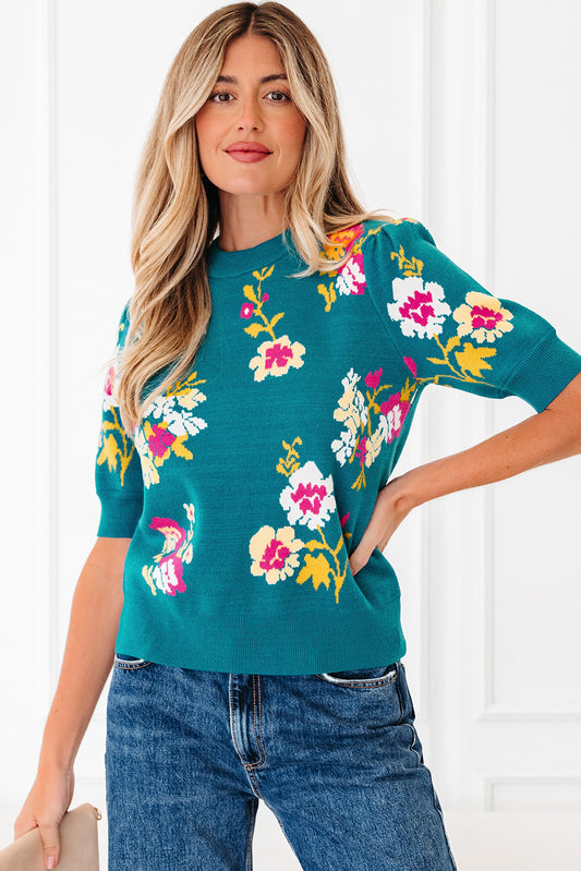 Blue Flower Pattern Mock Neck Short Sleeve Knitted T Shirt-Sweaters & Cardigans/Short Sleeve Sweaters-[Adult]-[Female]-2022 Online Blue Zone Planet