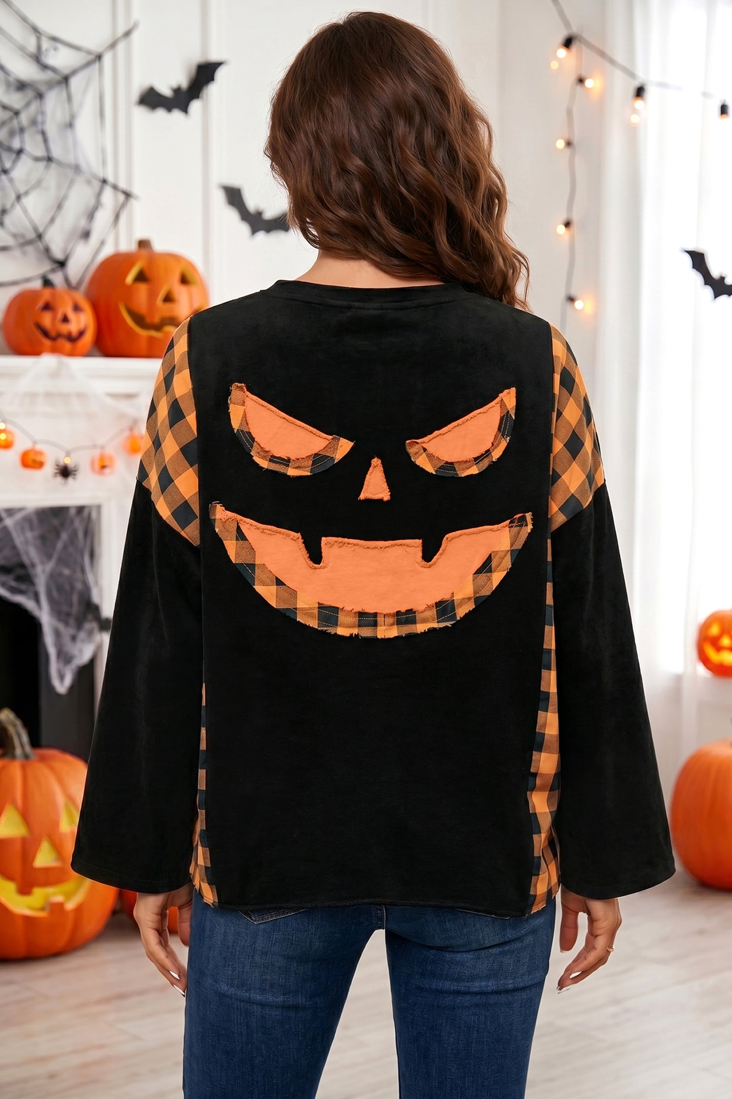 Black Patchwork Plaid Pumpkin Face Long Sleeve Top-Tops/Long Sleeve Tops-[Adult]-[Female]-2022 Online Blue Zone Planet