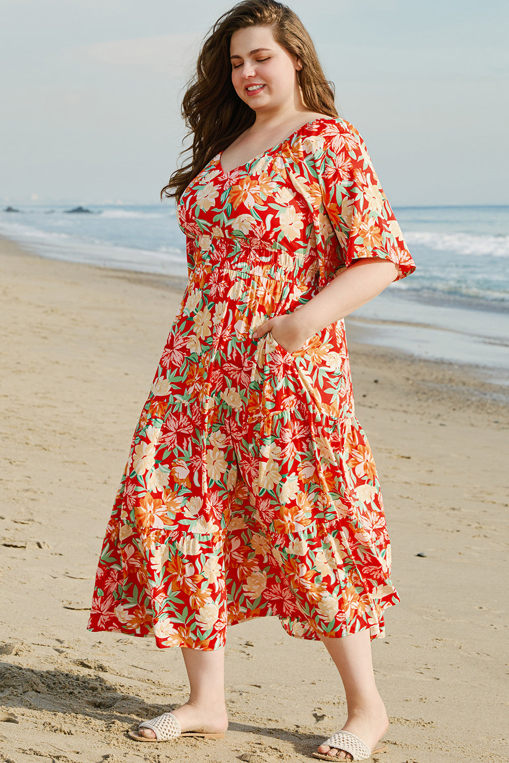 Orange Floral V Neck Flutter Sleeve Cinched Waist Long Plus Size Dress-TOPS / DRESSES-[Adult]-[Female]-2022 Online Blue Zone Planet