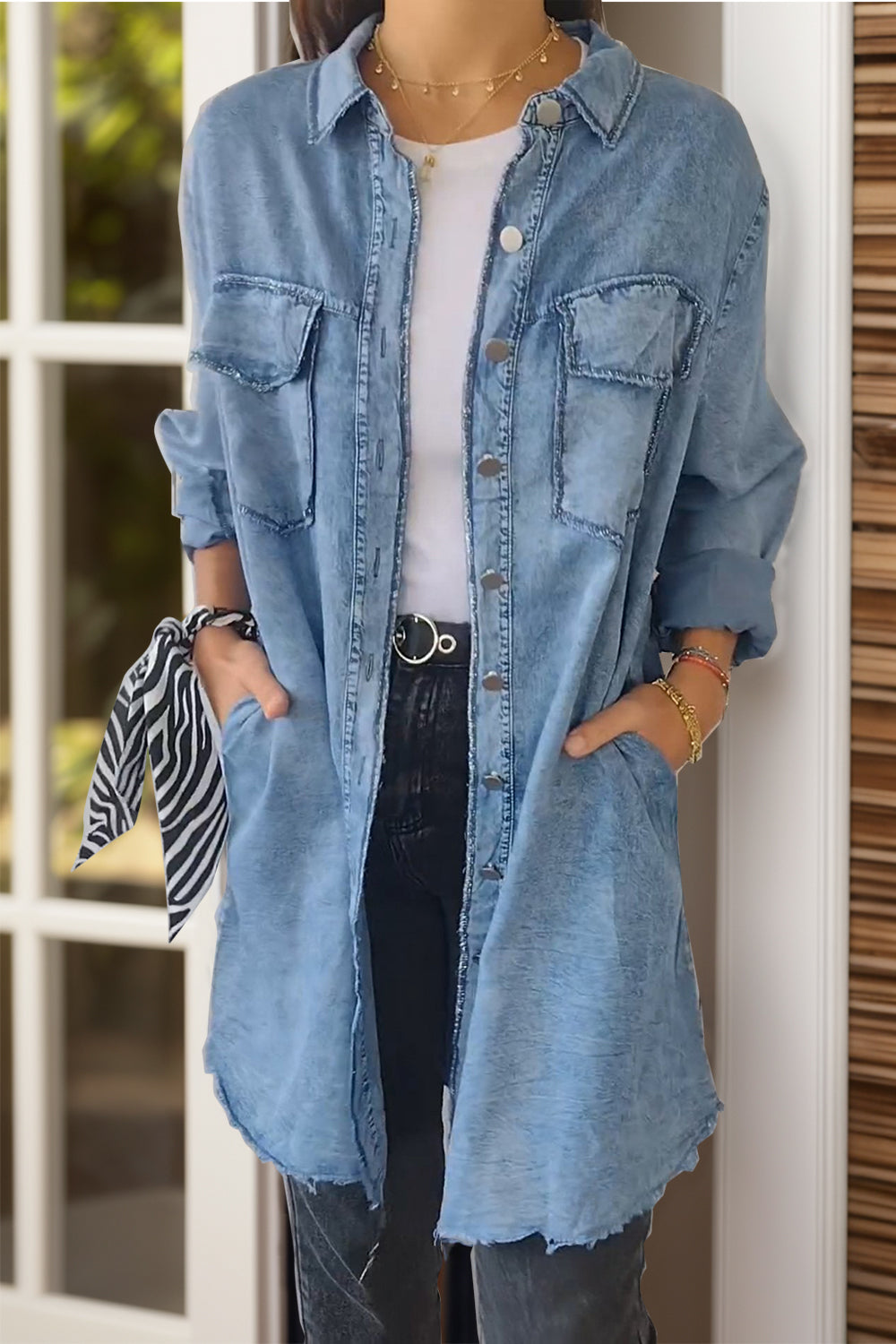 Full Size Pocketed Button Up Long Sleeve Denim Jacket-TOPS / DRESSES-[Adult]-[Female]-Light Blue-S-2022 Online Blue Zone Planet