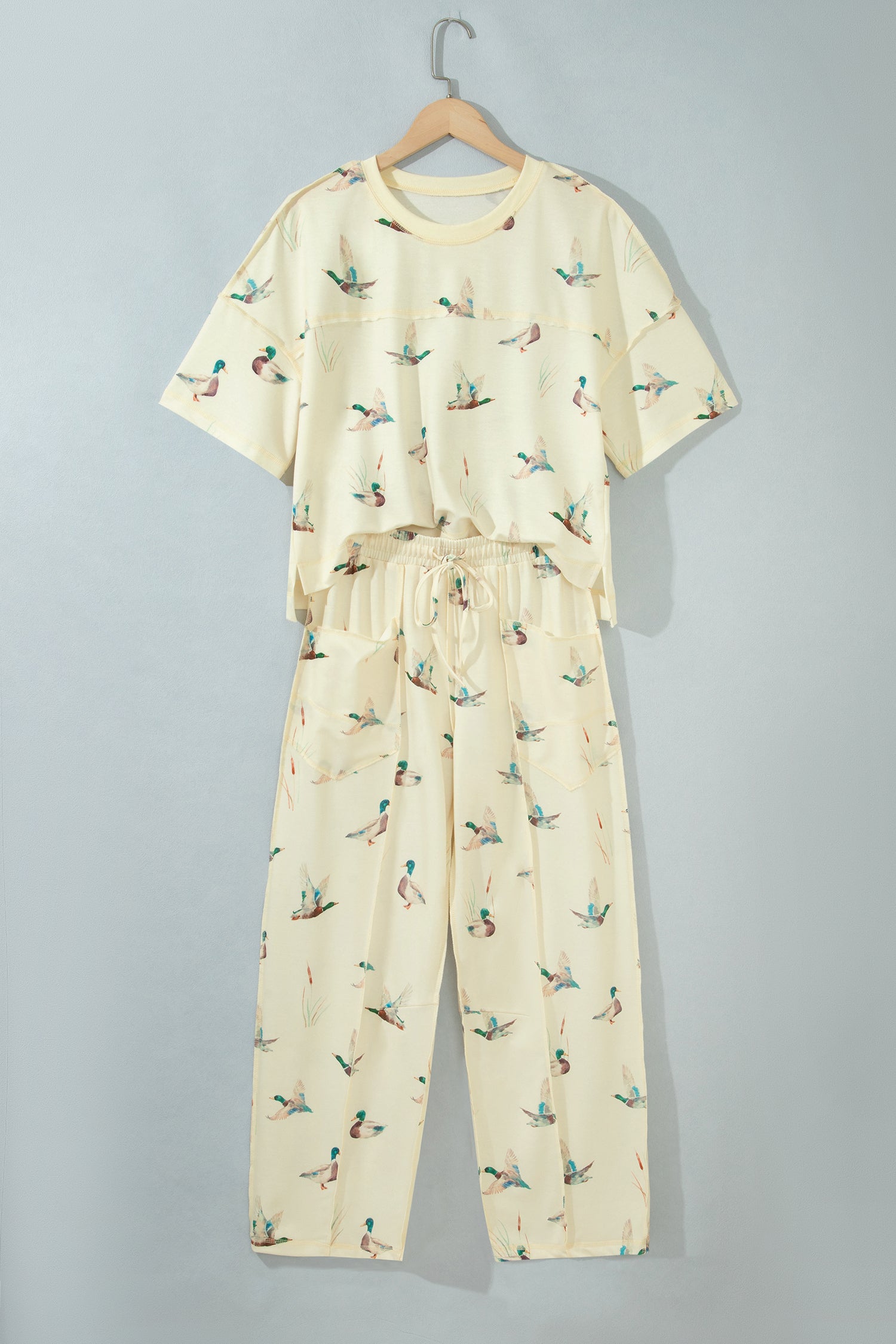 Beige Duck Print Short Sleeve Top Pocket Pants 2pcs Casual Set-Two Piece Sets/Pant Sets-[Adult]-[Female]-2022 Online Blue Zone Planet