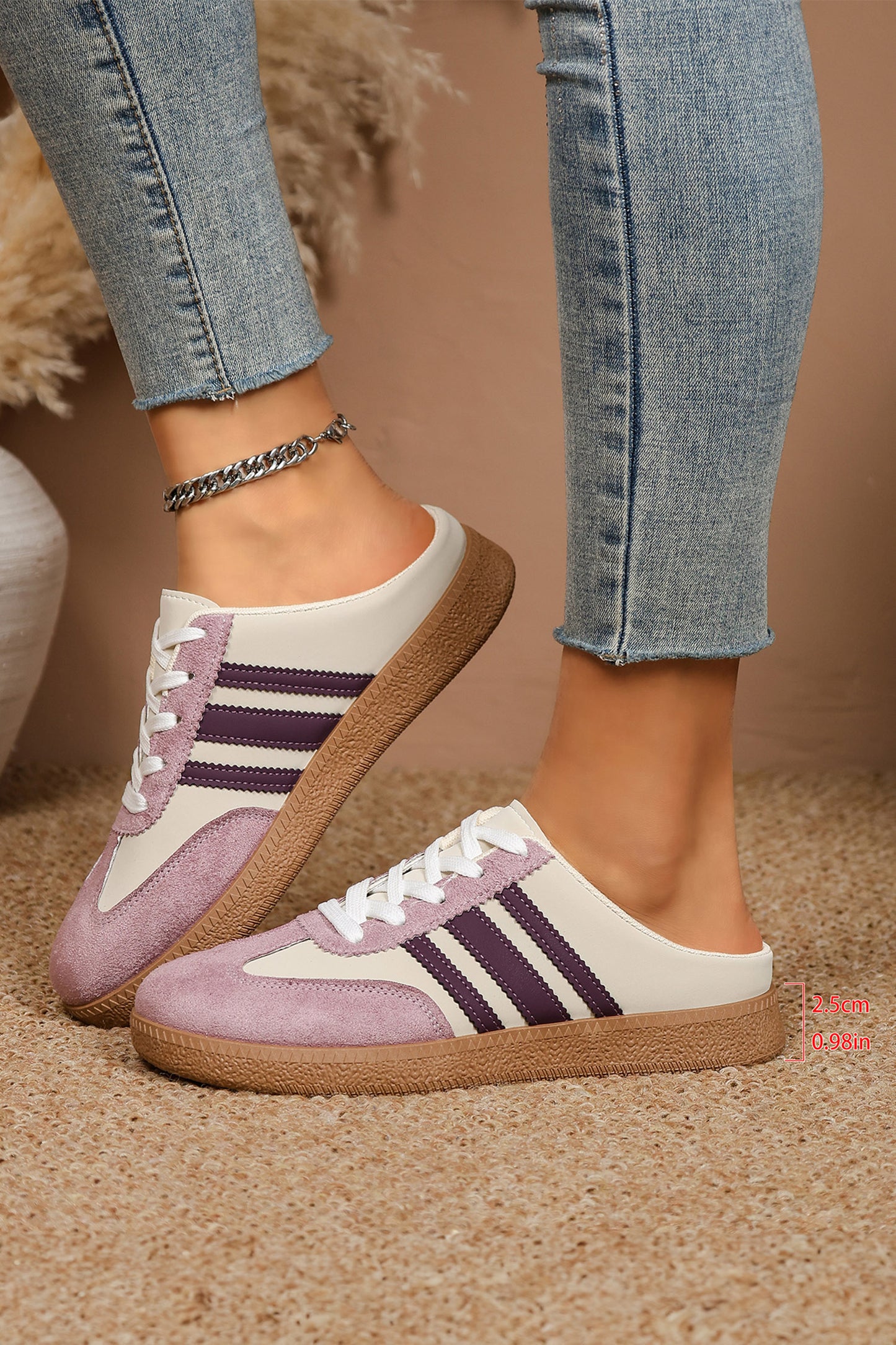 Tillandsia Purple PU Leather Color Block Varsity Lace Up Flat Shoes