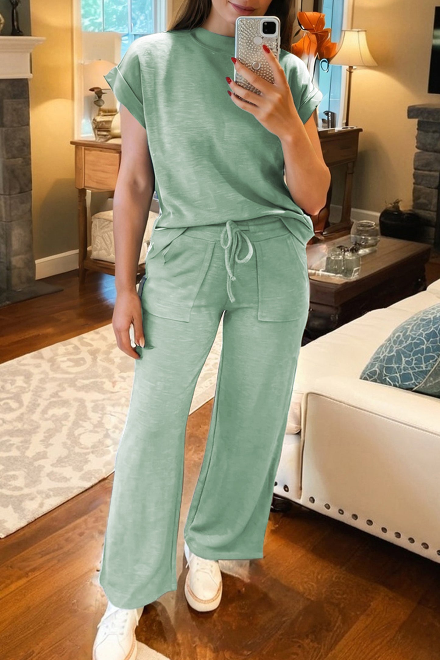 Canton Cuffed Short Sleeve Tee Raw Seam Patch Pocket Drawstring Pants Set-Two Piece Sets/Pant Sets-[Adult]-[Female]-2022 Online Blue Zone Planet