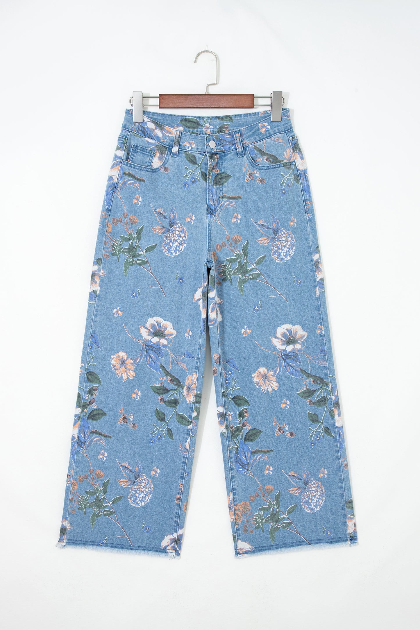 Sky Blue Retro Floral Print Frayed Hem Shift Jeans-Bottoms/Jeans-[Adult]-[Female]-2022 Online Blue Zone Planet