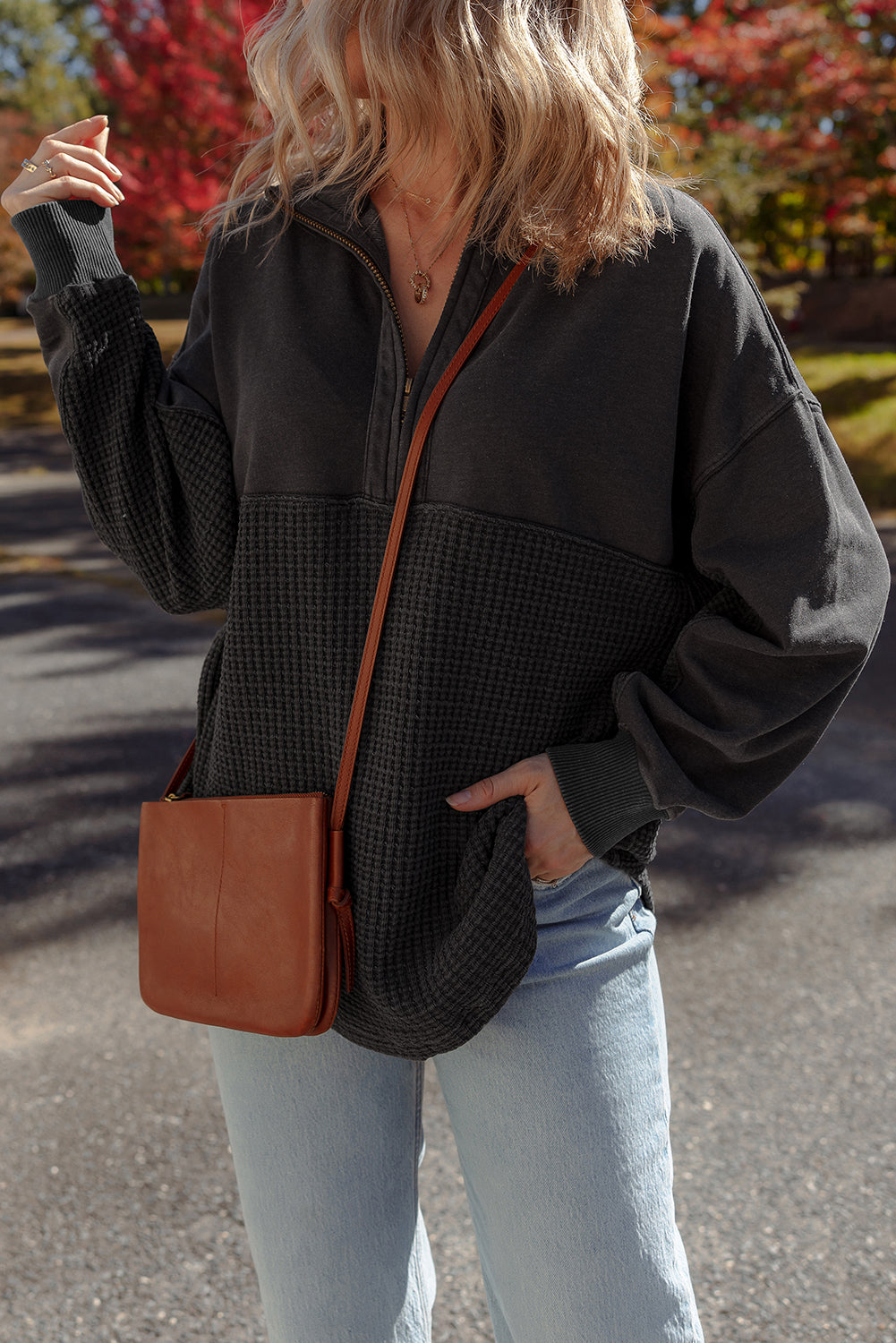 Carbon Grey Waffle Knit Patchwork Half Zipped Casual Sweatshirt-Tops/Sweatshirts & Hoodies-[Adult]-[Female]-2022 Online Blue Zone Planet