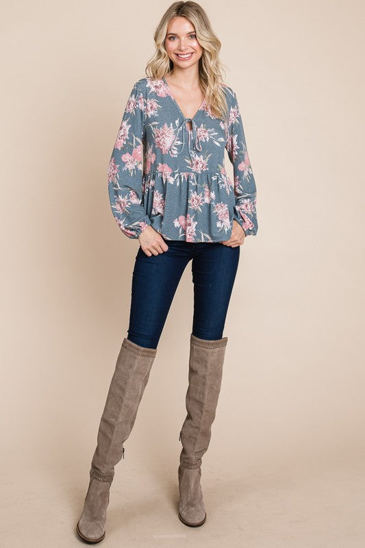 Blue Zone Planet | Super Lady Full Size Babydoll Floral Long Sleeve Blouse-TOPS / DRESSES-[Adult]-[Female]-2022 Online Blue Zone Planet