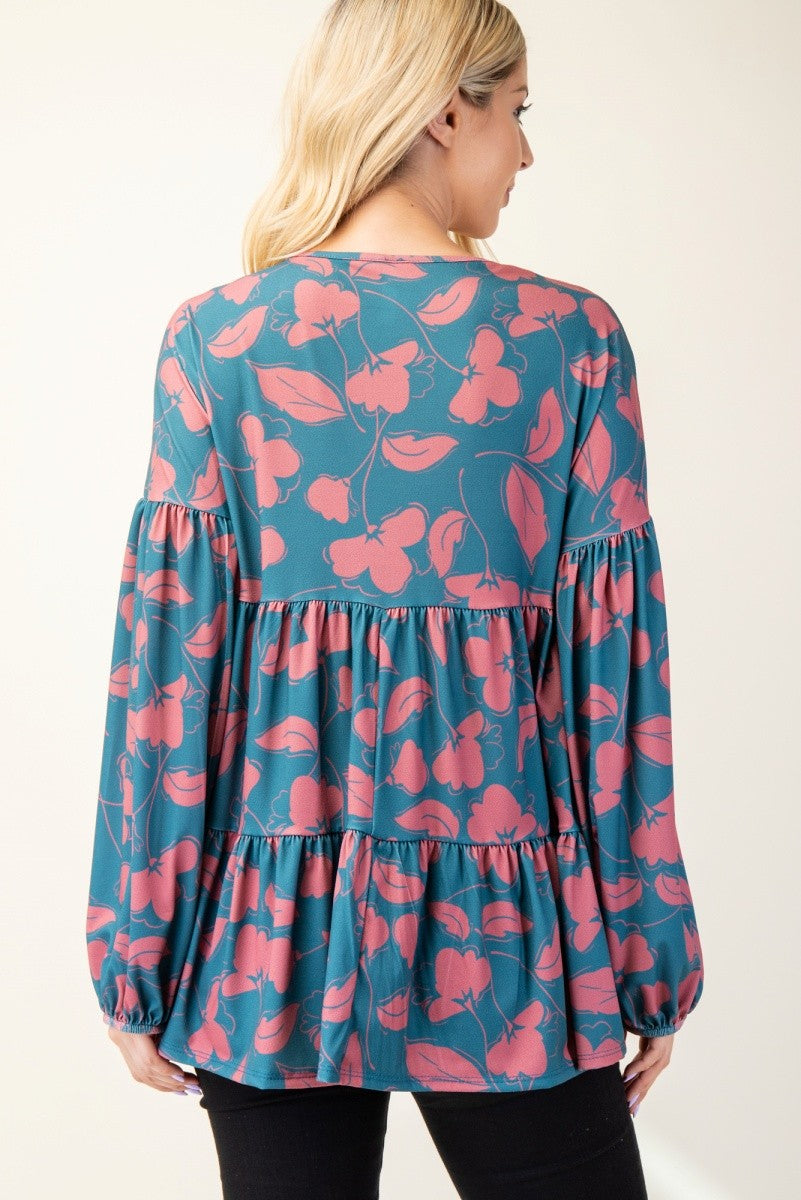 Celeste Full Size Tiered Floral V-Neck Long Sleeve Blouse-TOPS / DRESSES-[Adult]-[Female]-2022 Online Blue Zone Planet