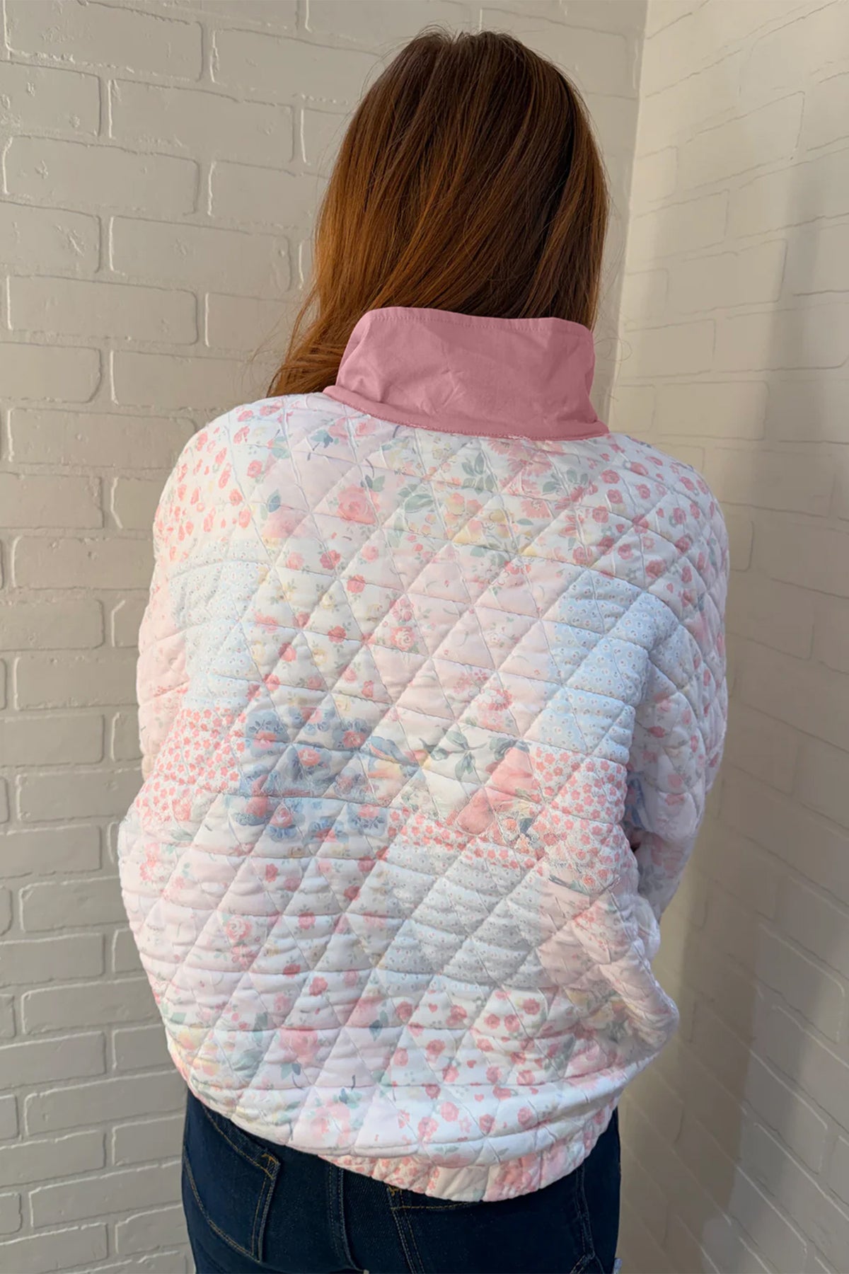 Pink Floral Quilted V-Neck Plus Size Fake Pocket Sweatshirt-Plus Size/Plus Size Sweatshirts & Hoodies-[Adult]-[Female]-2022 Online Blue Zone Planet