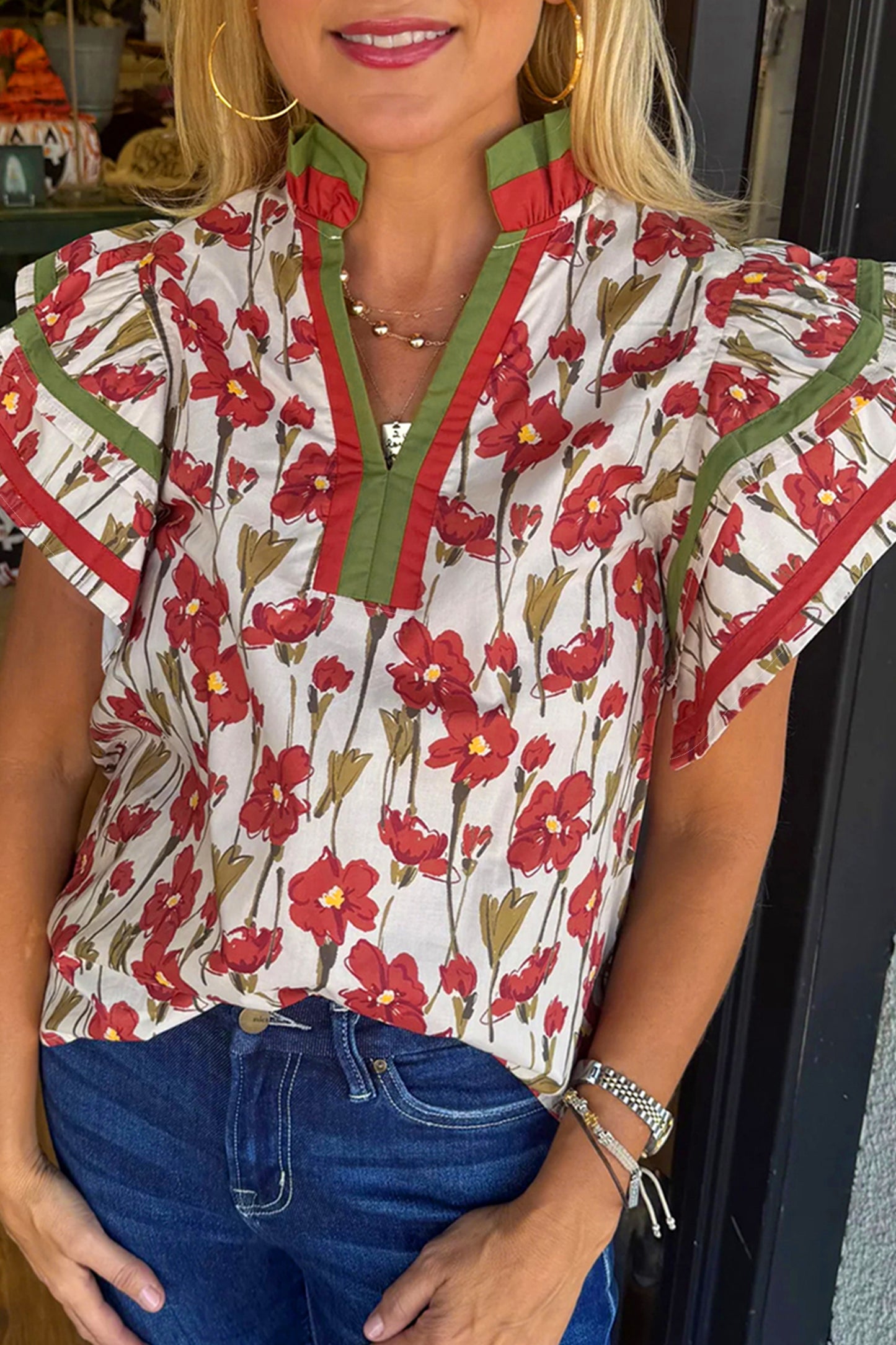 Red Floral Print Contrast Trim V Neck Double Ruffled Short Sleeve Blouse-Tops/Blouses & Shirts-[Adult]-[Female]-Red-S-2022 Online Blue Zone Planet