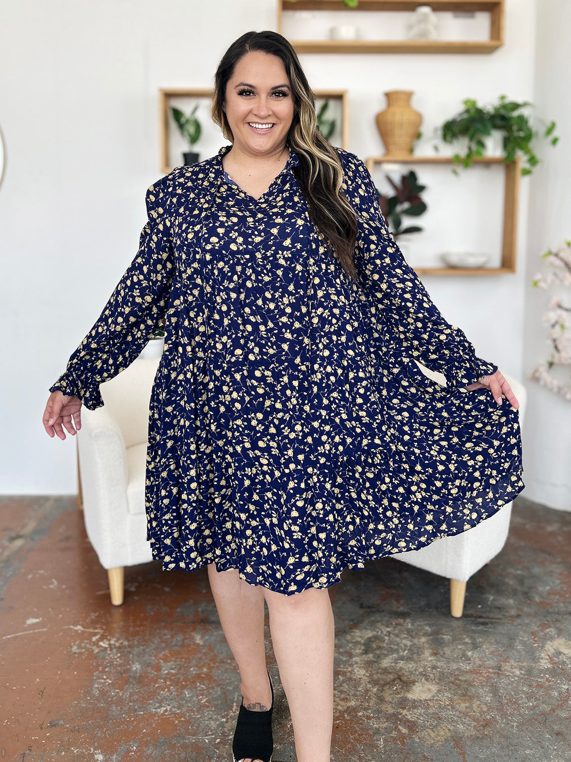 Double Take Full Size Printed Ruffle Hem Long Sleeve Tiered Dress-TOPS / DRESSES-[Adult]-[Female]-2022 Online Blue Zone Planet